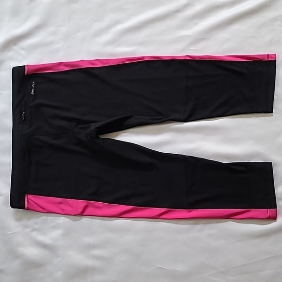 Nike Athletic Cropped Leggings Black Pink Stripe Mid Rise Stretch Medium - Picture 3 of 12